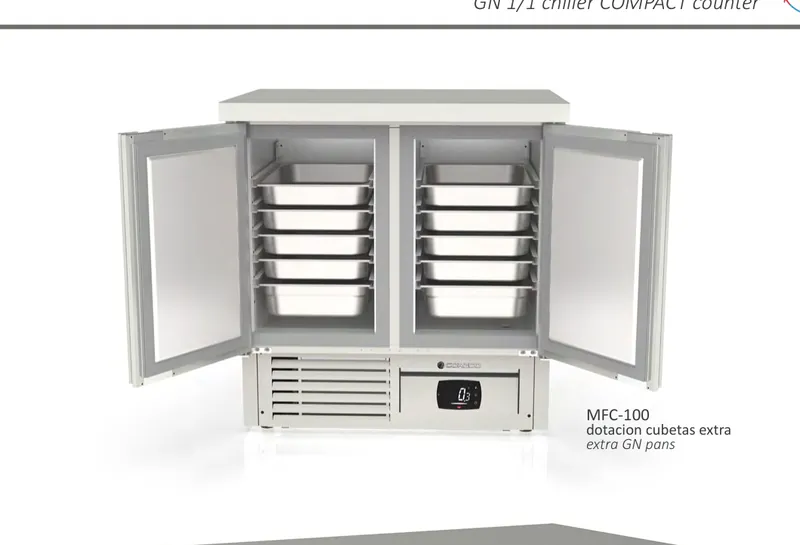 Mesa fría COMPACTA GN 1/1, refrigeración Coreco MF-100 - Mesas frías