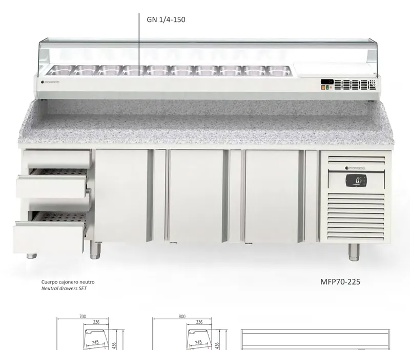 Mesa fría PIZZA cajónes neutros Coreco MFP80-250 - Mesas frías de pizza